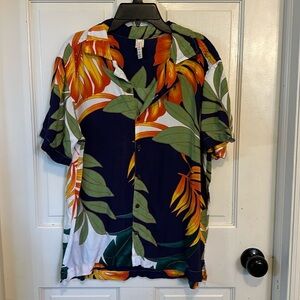 Men’s Raga Anjana Short Sleeve Small‎ Button Down Summer Tropical Navy palm